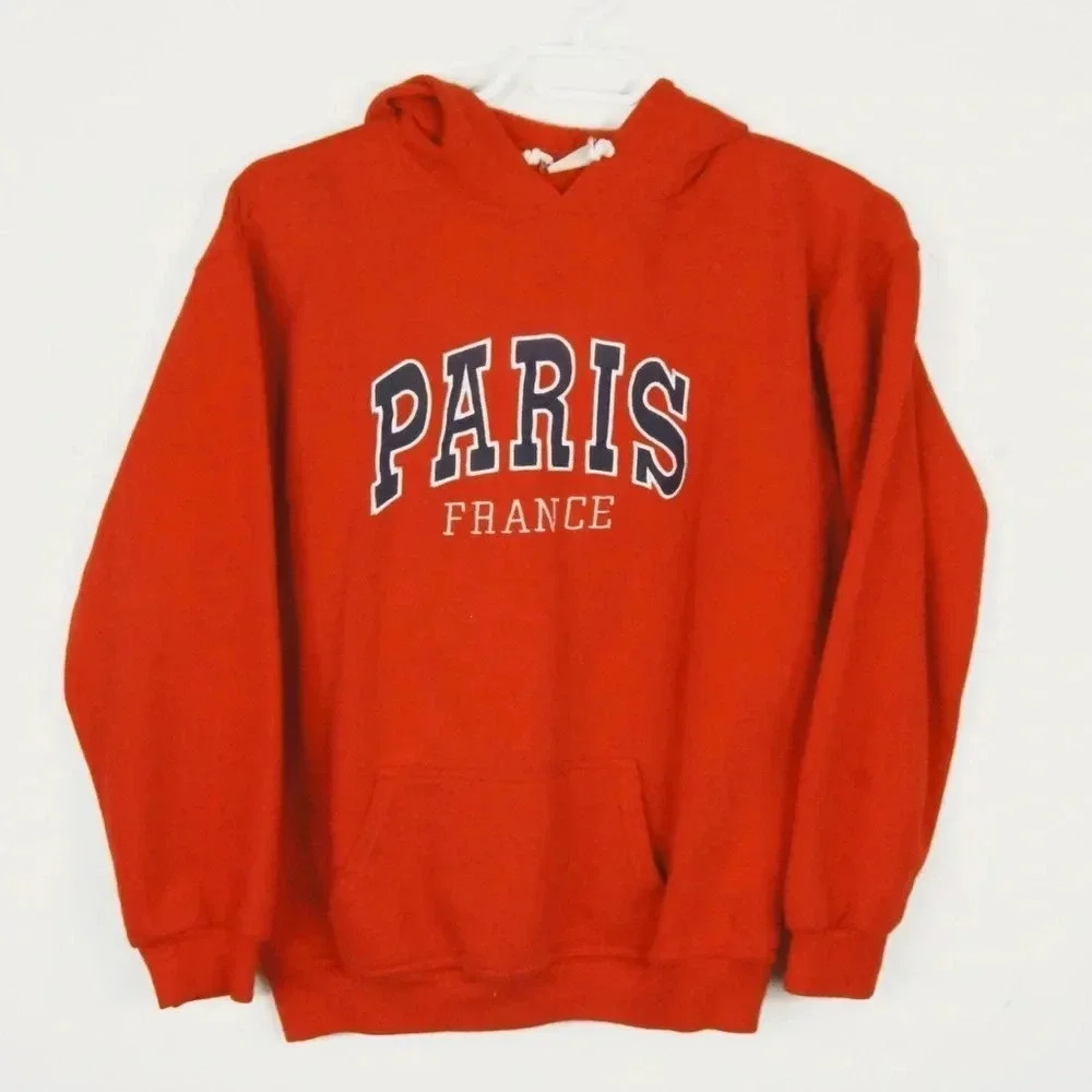 Vintage 90s Paris France Logo Graphic Red Pullover Preppy Hoodie Sweater